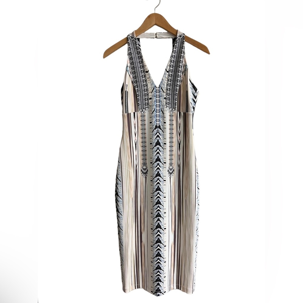 HALE BOB Midi Bodycon Dress Size S Geometric Graphic Print Lined Boho V-Neck
